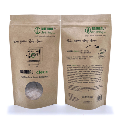 Custom Moisture Proof Clear Window Printing Kraft Paper Foil Stand Up Ziplock Bag For Coffee Machine Cleaner Powder